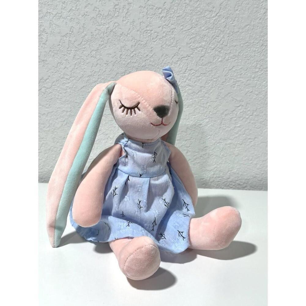 Unbranded Kids Girl Bunny Stuffed Animal Pink Easter Bunny Blue Dress Floral Bow - Picture 6 of 7